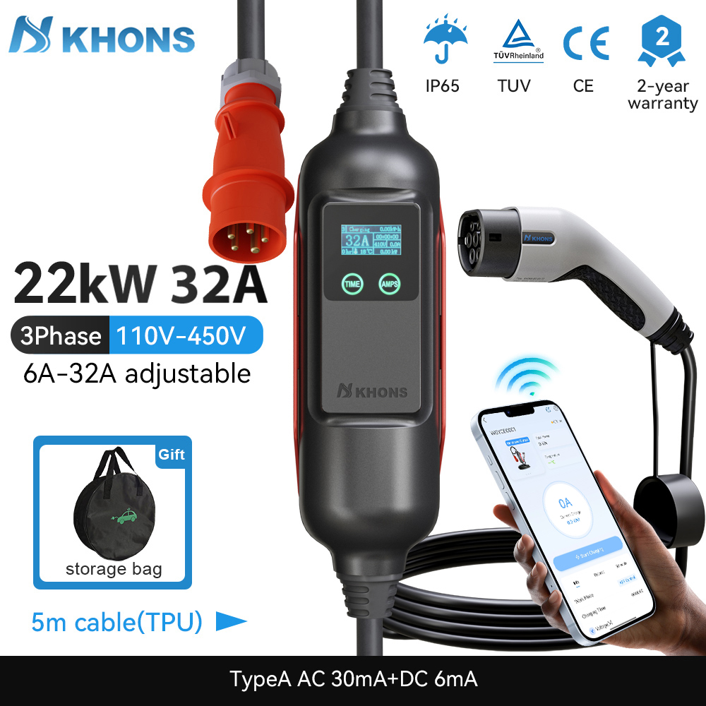 Ev Charger Type 2 22Kw 32A 3 Phase - Khons Draagbare EV-oplader Type2 32A 22KW