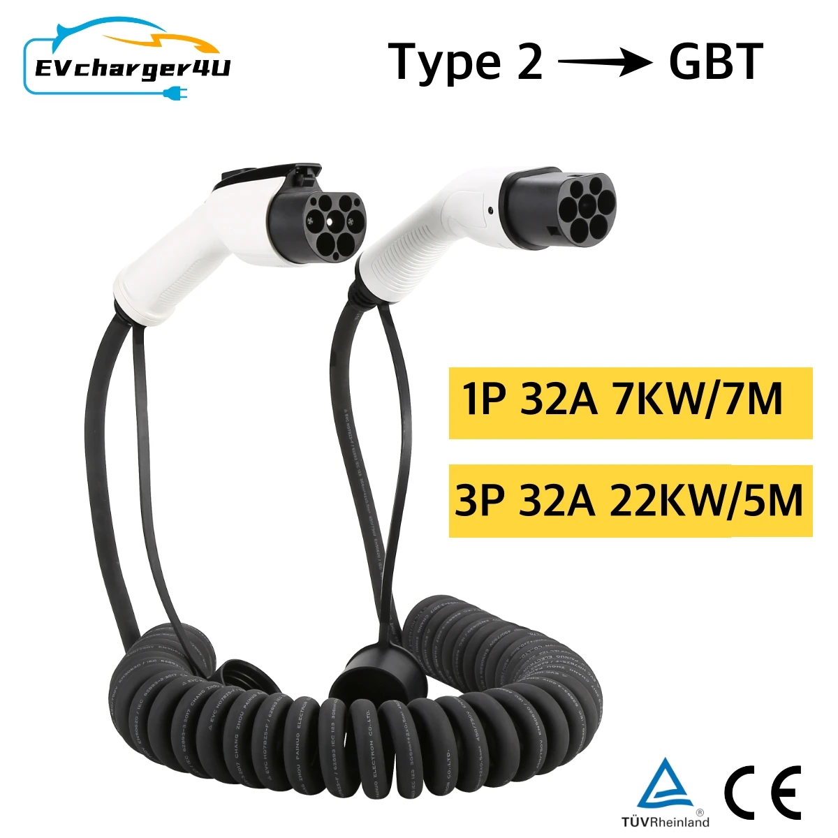 Ev Charger Type 2 22Kw 32A 3 Phase - EVcharger4U 5 M/7 M Spiraal EV