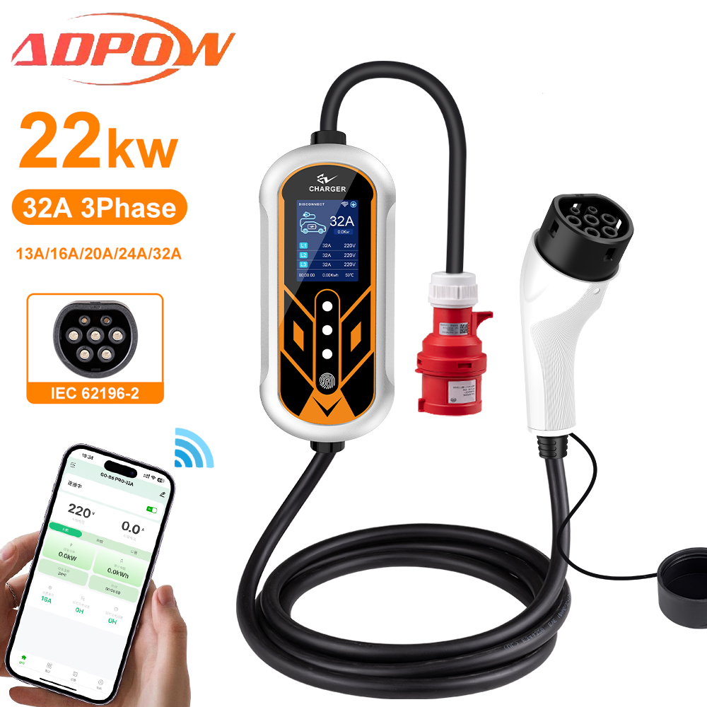 Ev Charger Type 2 22Kw 32A 3 Phase - ADPOW Draagbare 32A Type2 EV-laders 3